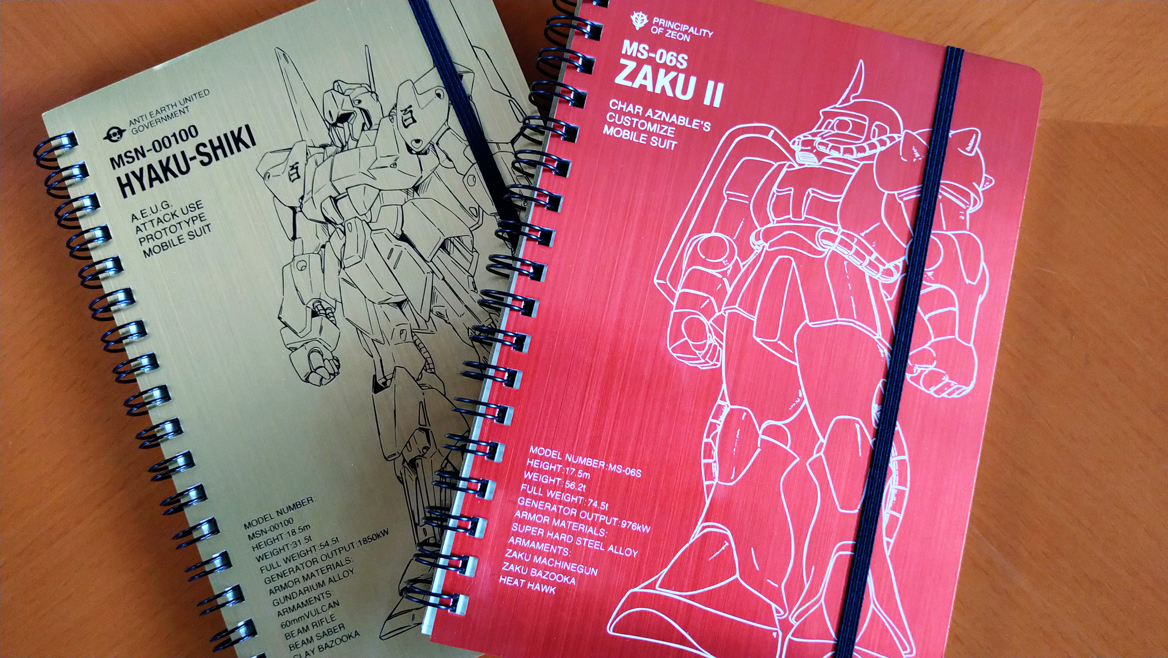 ガンダムシリーズに登場するモビルスーツ「百式」と「シャア専用ザクII」がデザインされた2種類のリングノート